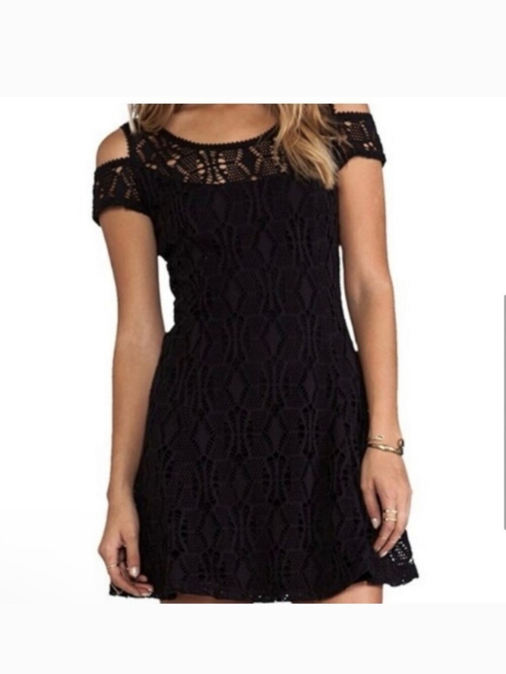 Free People Black Eyelet Cold Shoulderd Lace Crochet Mini Dress